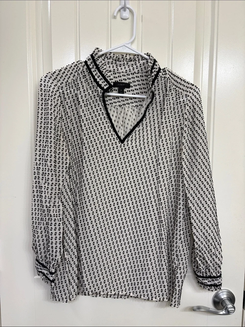 J. Crew Black & Off-White Patterned V-Neck Silk blend Blouse